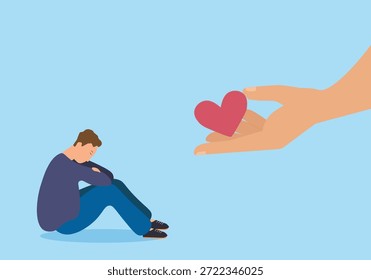 Empatia apoio ou bondade compaixão, compreender ou dar cuidado e amor a pessoas, empregado ou colega de trabalho, bondade mão dando coração para deprimido homem tristeza