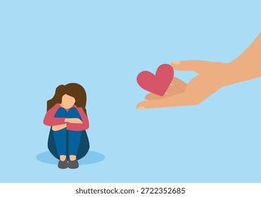 Empatia apoio ou bondade compaixão, entender ou dar cuidado e amor a pessoas, empregado ou colega de trabalho, bondade mão dando coração a deprimida mulher tristeza