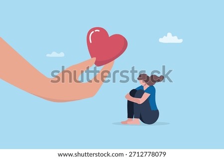 Empathy support or kindness compassion, understanding or giving care and love to people, employee or coworker, sympathy or trust concept, kindness hand giving heart to depressed sadness woman.