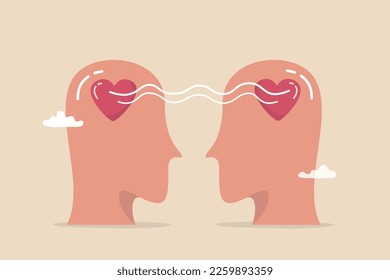 Empathy, sympathy, caring or share feeling to support other, understanding or kindness to help, social support or emotional intelligence concept, people head with heart sharing feeling with empathy.