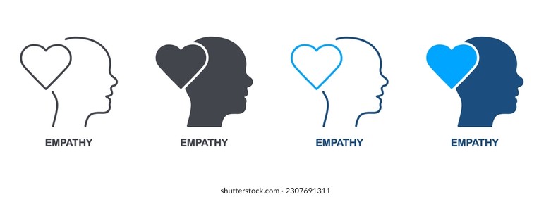 Empathy, Sympathy, Passion Feeling Silhouette and Line Icon Set. Heart Shape and Human Head Pictogram. Intellectual Process, Kindness, Inspiration Symbol Collection. Isolated Vector Illustration.