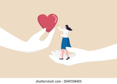 Empathy or sympathy understanding and share feeling with others, support or help community, kindness and compassion concept, supporting hand carry misfortune depressed woman and giving heart shape.