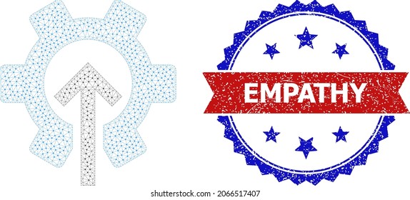 Empathy unclean seal, and gear integration icon net model. Red and blue bicolor seal includes Empathy title inside ribbon and rosette. Abstract 2d mesh gear integration, built from flat mesh.