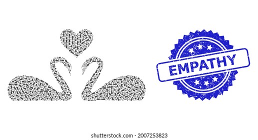 Empathy unclean seal imitation and vector recursion mosaic love swans. Blue seal includes Empathy text inside rosette. Vector mosaic is formed from scattered rotated love swans items.