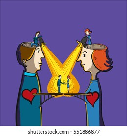 empathy and understanding between human being - conceptual vector illustration of bridge between heart of man and woman