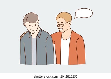 Empathy, understanding and helping concept. Young smiling Boy Comforting his sad disappointed friend consoling and encouraging his colleague vector illustration 