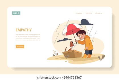 Empathy web or landing. Boy shields a cat from rain, illustrating kindness and compassion. A nurturing moment between child and animal. Flat vector illustration