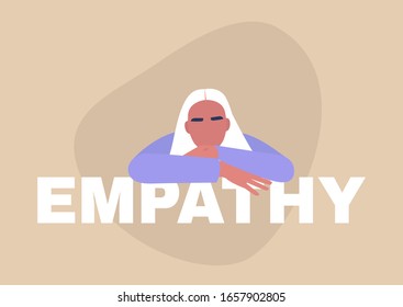 Empathy, young female character leaning on the sign and listening, human relationships, soft skills, emotional intelligence