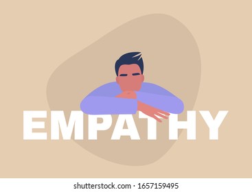 Empathy, young male character leaning on the sign and listening, human relationships, soft skills, emotional intelligence