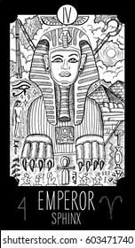 Emperor. 4 Major Arcana Tarot Card. Sphinx. Fantasy engraved line art illustration. Engraved vector drawing. See all collection in my portfolio set. 