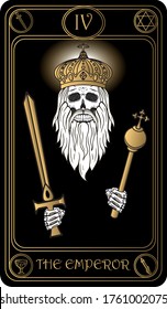 El Emperador. La cuarta carta de las principales cartas arcanas negro y oro tarot. Ilustración dibujada a mano vectorial con calaveras, símbolos ocultos, místicos y esotéricos.