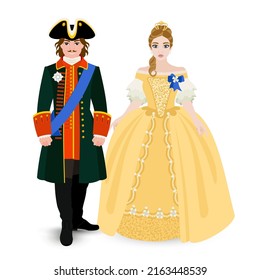Emperor of All Russia Peter 1 with his daughter Elizabeth in historical costumes of the 18th century. Romanov dynasty. Historical Russian costume in full growth. Flat illustration. svg