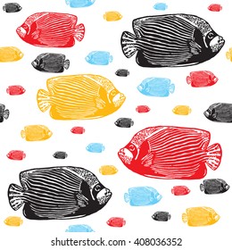 Emperor angelfish colorful seamless vector pattern. Realistic engraved colorful style of fishes on white background.