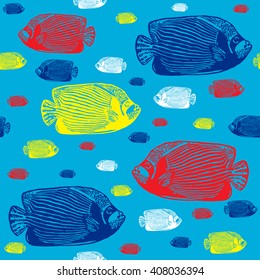 Emperor angelfish colorful seamless vector pattern. Realistic engraved colorful style of fishes on blue background.