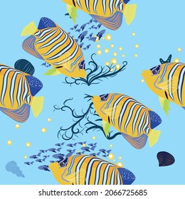 Emperor angelfish, Pomacanthus imperator seamless patterns, sea animal wildlife character. Nature underwater, marine wild ocean zoo fish