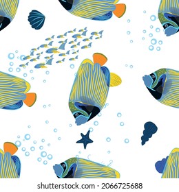 Emperor angelfish, Pomacanthus imperator seamless patterns, sea animal wildlife character. Nature underwater, marine wild ocean zoo fish