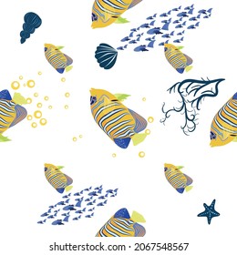 Emperor angelfish, Pomacanthus imperator seamless patterns, sea animal wildlife character. Nature underwater, marine wild ocean zoo fish