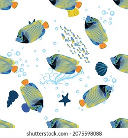 Emperor angelfish, Pomacanthus imperator seamless patterns, sea animal wildlife character. Nature underwater, marine wild ocean zoo fish