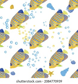 Emperor angelfish, Pomacanthus imperator seamless patterns, sea animal wildlife character. Nature underwater, marine wild ocean zoo fish