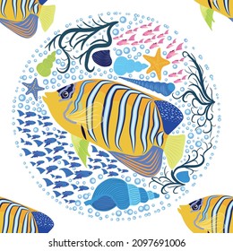 Emperor angelfish, Pomacanthus imperator seamless patterns, sea animal wildlife character. Nature underwater, marine wild ocean zoo fish