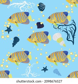 Emperor angelfish, Pomacanthus imperator seamless patterns, sea animal wildlife character. Nature underwater, marine wild ocean zoo fish