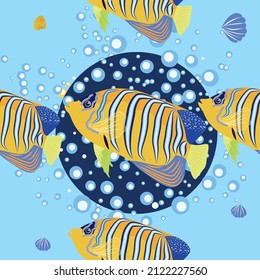Emperor angelfish, Pomacanthus imperator seamless patterns, sea animal wildlife character. Nature underwater, marine wild ocean zoo fish
