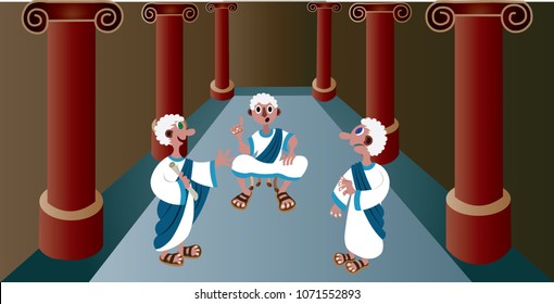 Emperor Caesar sits on the throne while the senators administer to him, 