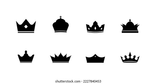 Emperor crown black icon set. Drawing heraldic diadem of royalty and power with luxury doodles in vintage medieval vector style