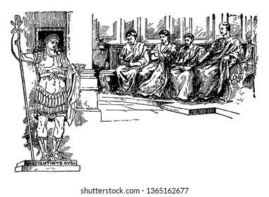 An emperor directing four officers sitting in front of him, vintage line drawing or engraving illustration.