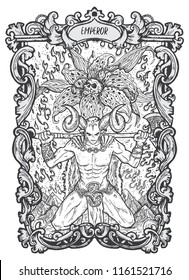 Emperor. Major Arcana tarot card. The Magic Gate deck. Fantasy engraved vector illustration with occult mysterious symbols and esoteric concept