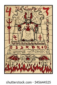 The emperor. The major arcana tarot card in color, vintage hand drawn engraved illustration with mystic symbols. Man in crown or king  sitting on scary throne decorated with sculls and demons
