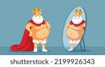 
The Emperor in New Clothes Funny Concept Fairy Illustration . Arrogant king admiring himself in the mirror wearing no clothing
