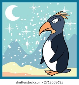 Pingüino emperador con polluelo y mate, diseño de invierno para todo tipo de eventos, vida animal y fondo con copos de nieve