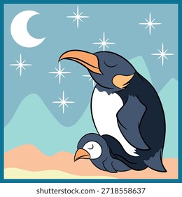 Pingüino emperador con polluelo y mate, diseño de invierno para todo tipo de eventos, vida animal y fondo con copos de nieve