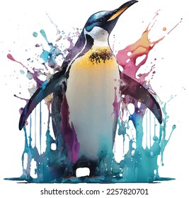 Pingüino emperador en coloridos salpicaduras