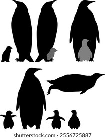 Emperor penguin with cub in silhouette image