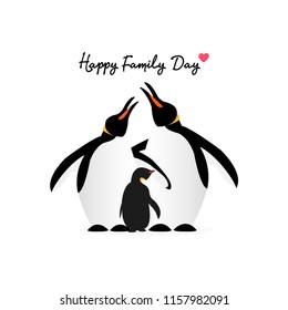 Emperor penguin family on white background. Happy Penguin Family Card.