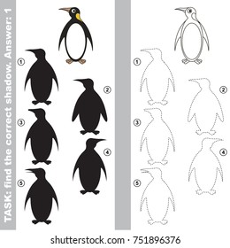 Emperor Penguin to find the correct shadow, the matching educational kid game to compare and connect objects and their true shadows, simple gaming level for preschool kids.