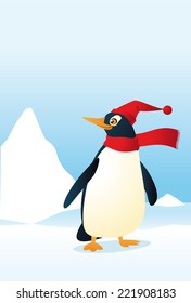 Emperor Penguin with knitted hat and red winter scarf. Penguin prepared for the upcoming winter vector illustration. 