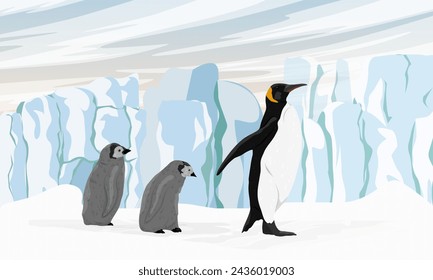 Un pingüino emperador conduce a dos polluelos a través de la nieve cerca de un gran glaciar. Pájaros de los polos del sur. Paisaje vectorial realista