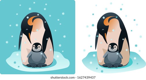 Emperor penguin warms his baby in  snow