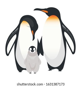 Emperor penguins flat color vector illustration. Flightless adult birds with chick. Antarctic marine breed species. Arctic creatures group isolated cartoon character on white background