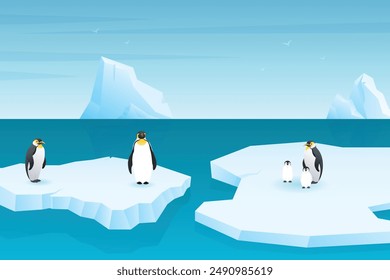 Emperor penguins at iceberg, glacier, North Pole global warming  illustration design