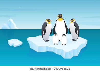 Emperor penguins at iceberg, glacier, North Pole global warming  illustration design