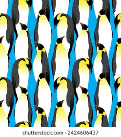 Pingüinos emperador sobre un fondo azul brillante. Patrón sin costura animal, impresión, ilustración vectorial