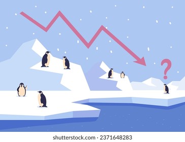 Emperor penguins region of Antarctica vector illustration. Risk quasi-extinction from sea ice loss in Antarctica. Nature, ice melting, ecology concept