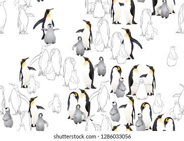Emperor penguins seamless pattern. Colored and outline design. Vector illustration.