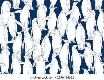 Emperor penguins seamless pattern. Colored and outline design. Vector illustration.