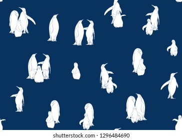 Emperor penguins seamless pattern. Colored and outline design. Vector illustration.