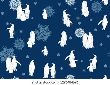 Emperor penguins seamless pattern. Colored and outline design. Vector illustration.